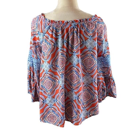 Crown & Ivy Orange and Blue Paisley Bell Sleeve Top, Size PS - Picture 5 of 9
